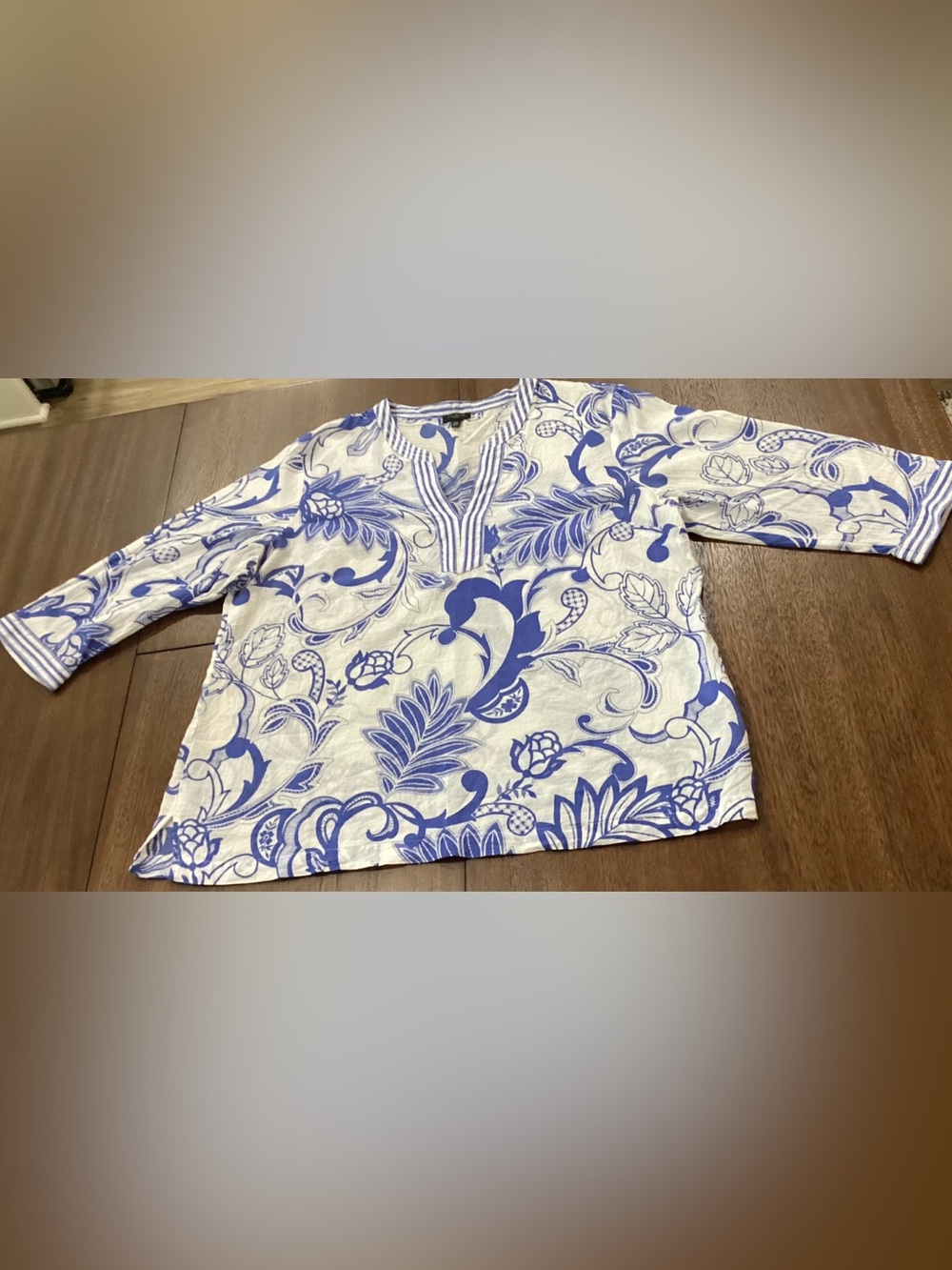 Talbots White Tunic with Blue Floral Print and Striped Trim